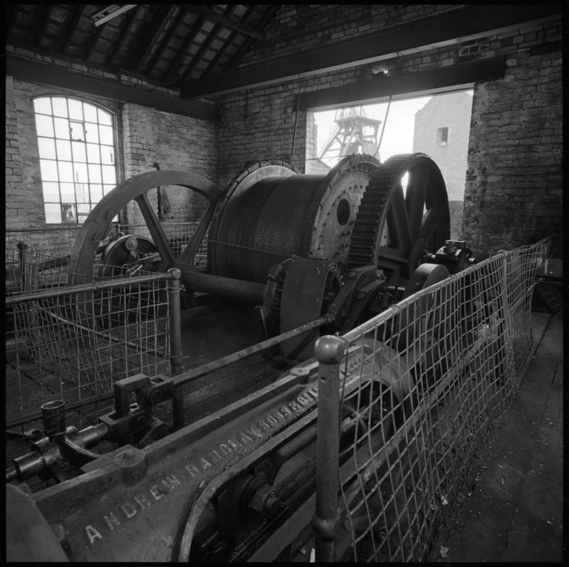 Black and white film negative showing the Andrew Barclay winding engine, Morlais Colliery 13 May 1981.  &#039;Morlais 13/5/81&#039; is transcribed from original negative bag.