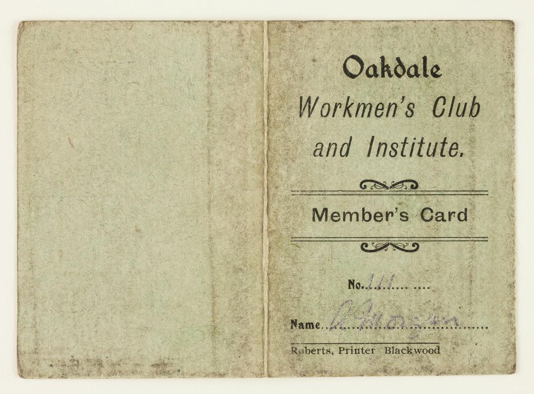 Oakdale Workmen&#039;s Club and Institute Member&#039;s Card No. &#039;111&#039;, issued to A. Morgan, 1924/25.