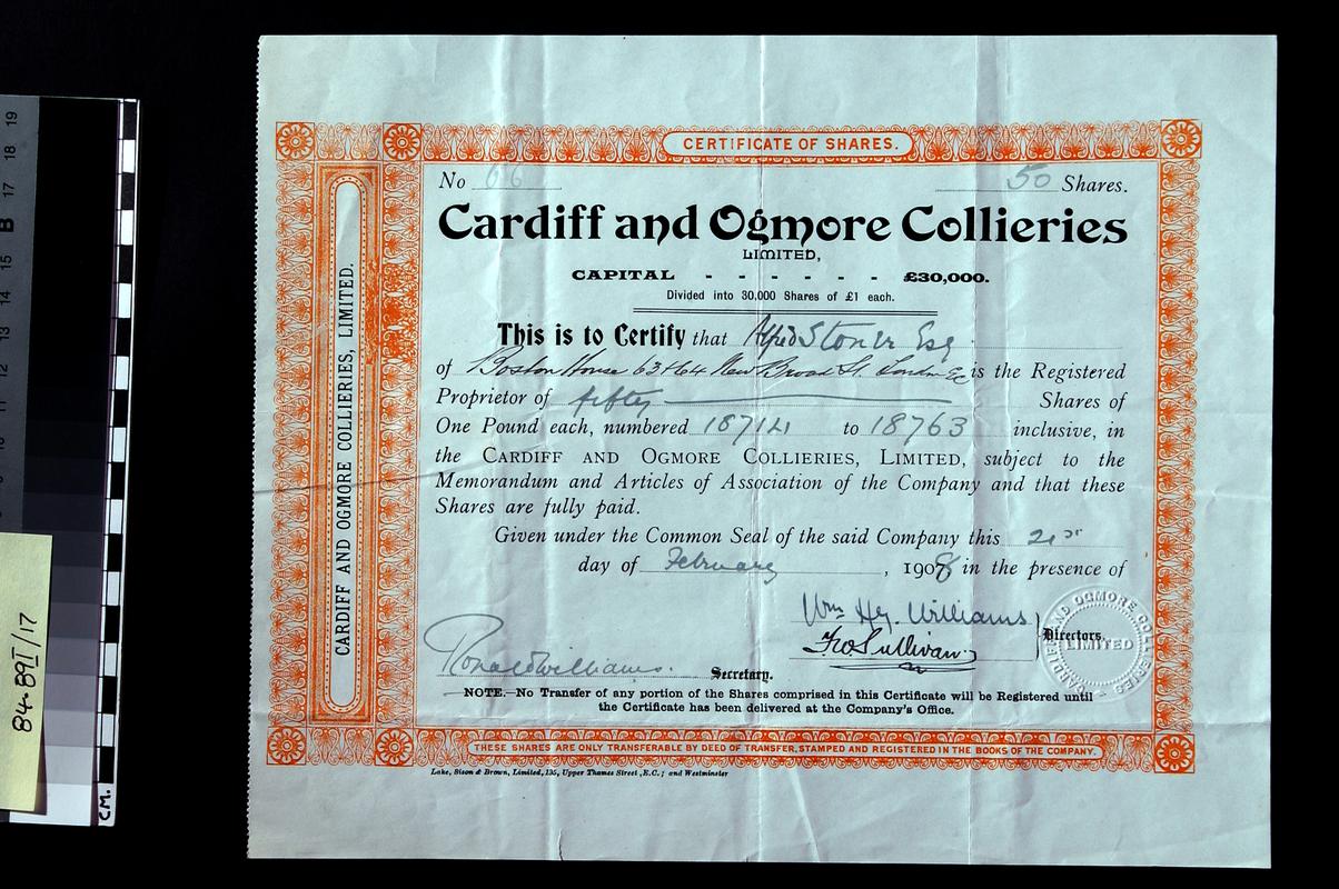 Cardiff &amp; Ogmore Collieries Limited, share cert.