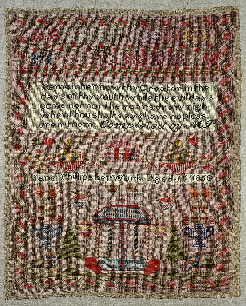 Sampler (motifs, alphabet &amp; Biblical verse), made in Aberdare, 1858