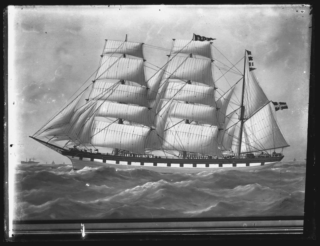 Photograph of painting showing a port broadside view of the three-masted barque BRIS, 1913.