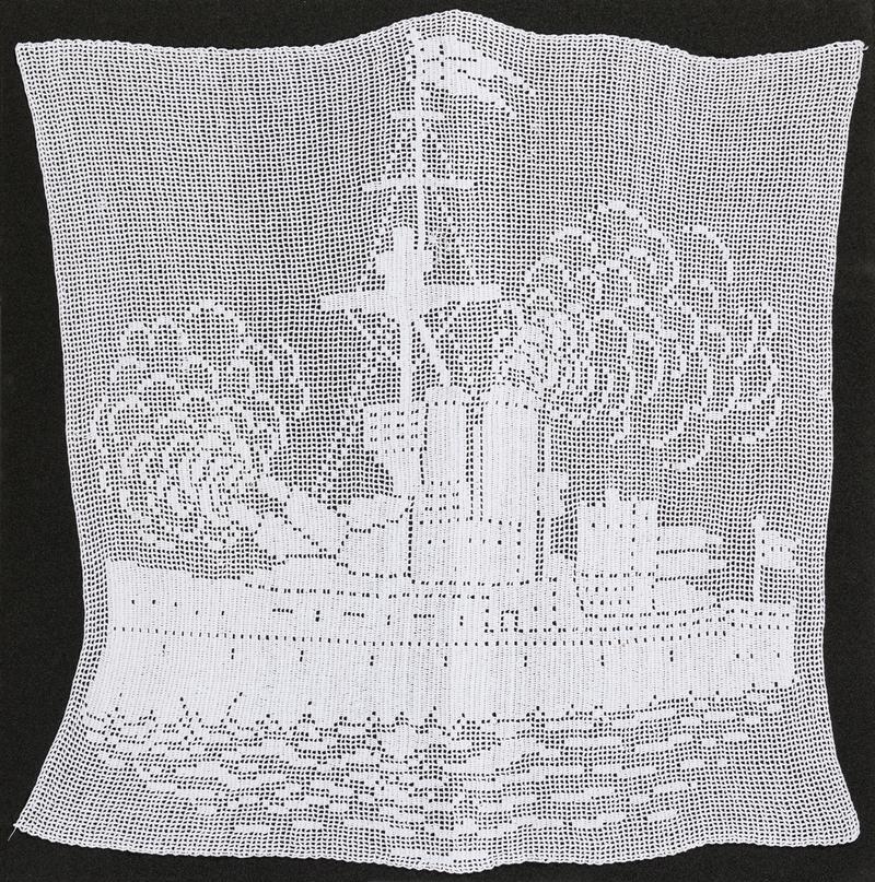 Crochet panel depicting a naval gunship made by George Preece during his re-habilitation after a mining accident at Abercynon Colliery in 1909.