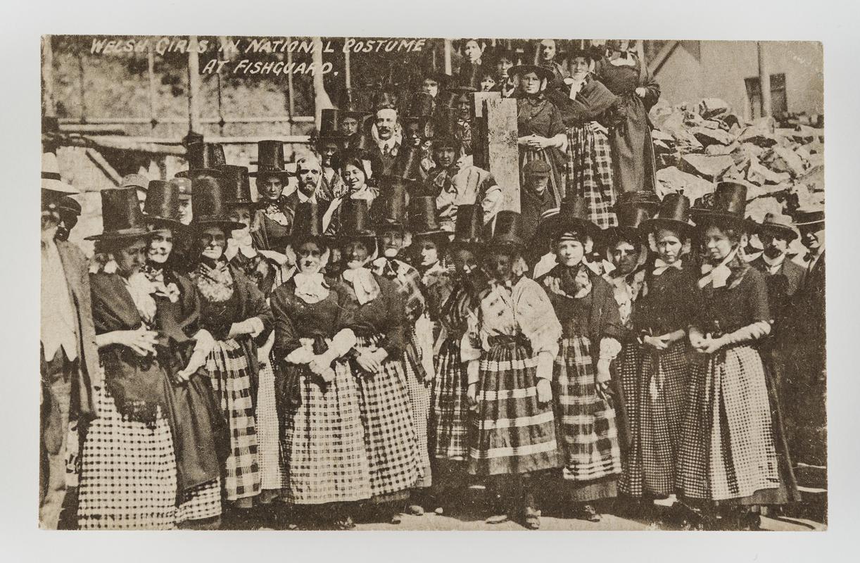 Large group of Welsh women in national costume at Fishguard.