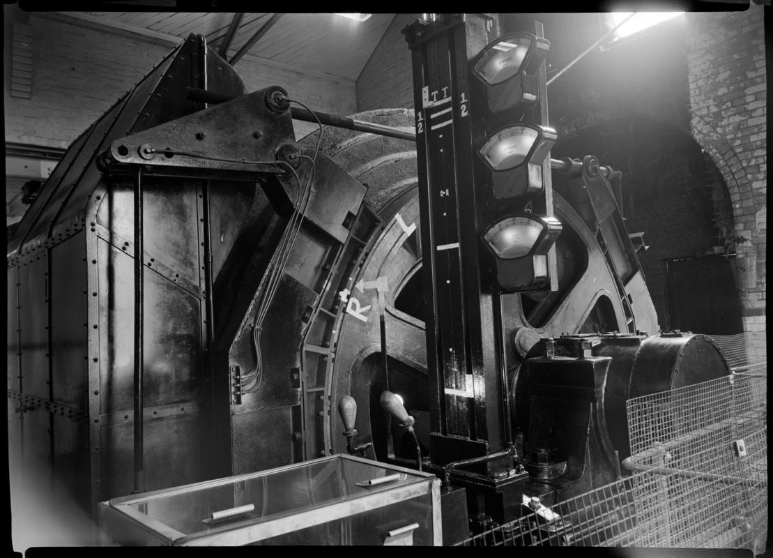 Black and white film negative showing a steam winder, Blaenserchan Colliery 1970.  &#039;Blaenserchan 1970&#039; is transcribed from original negative bag.