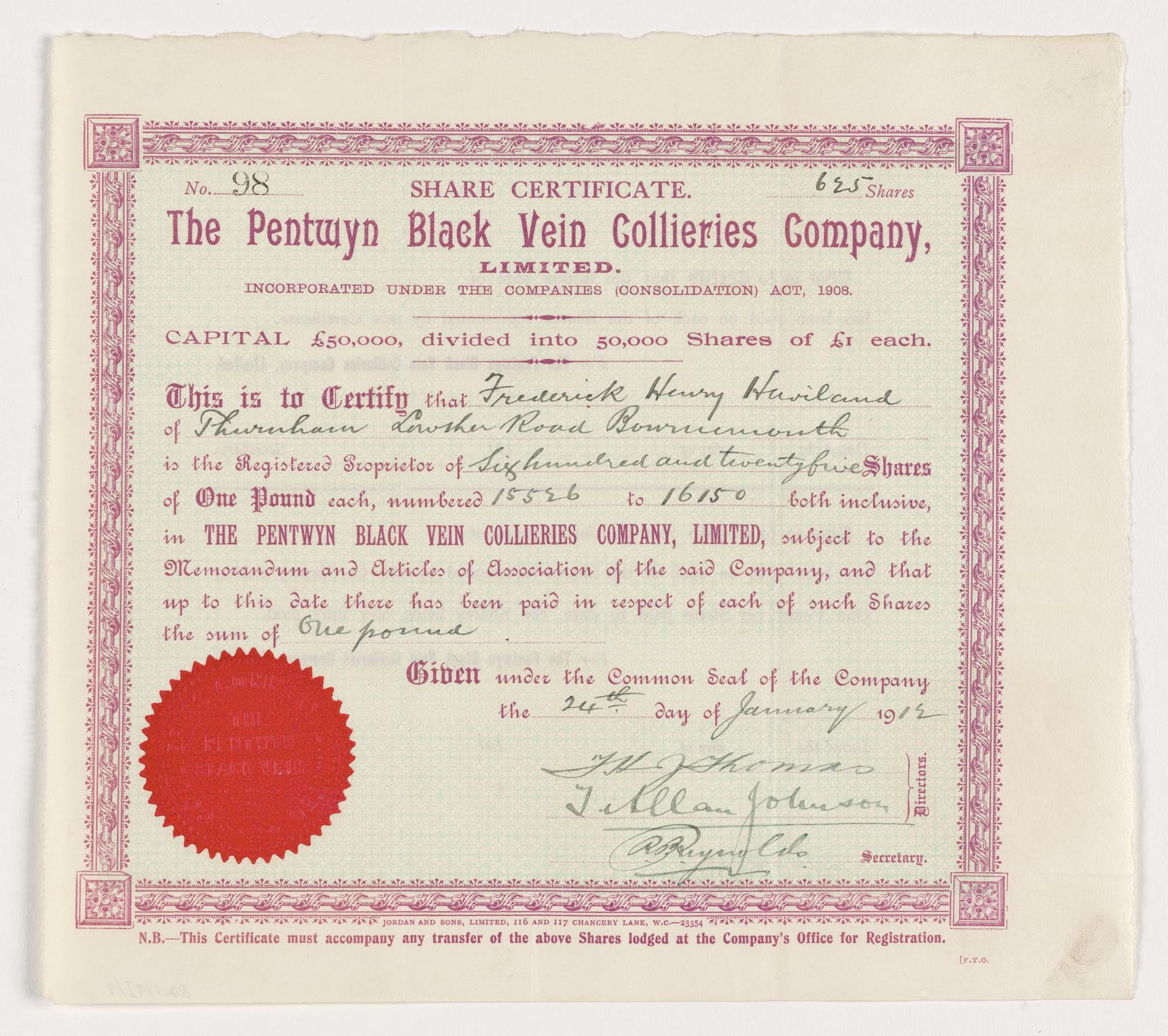 Pentwyn Black Vein Collieries Co. Ltd, share cert.