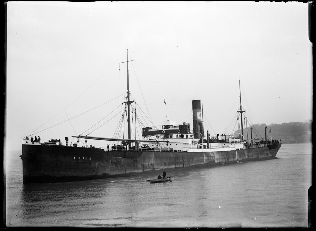 Three quarter Port bow view of S.S. FOTIS and waterman&#039;s boat at Penarth Head, c.1936.