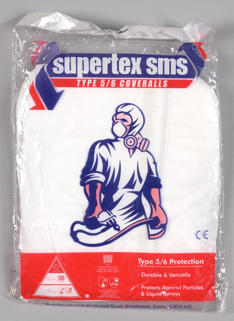 White &#039;Supertex SMS Type 5/6 Coveralls&#039; overalls donated by a builders merchant to Tŷ Doctor. Unopened.