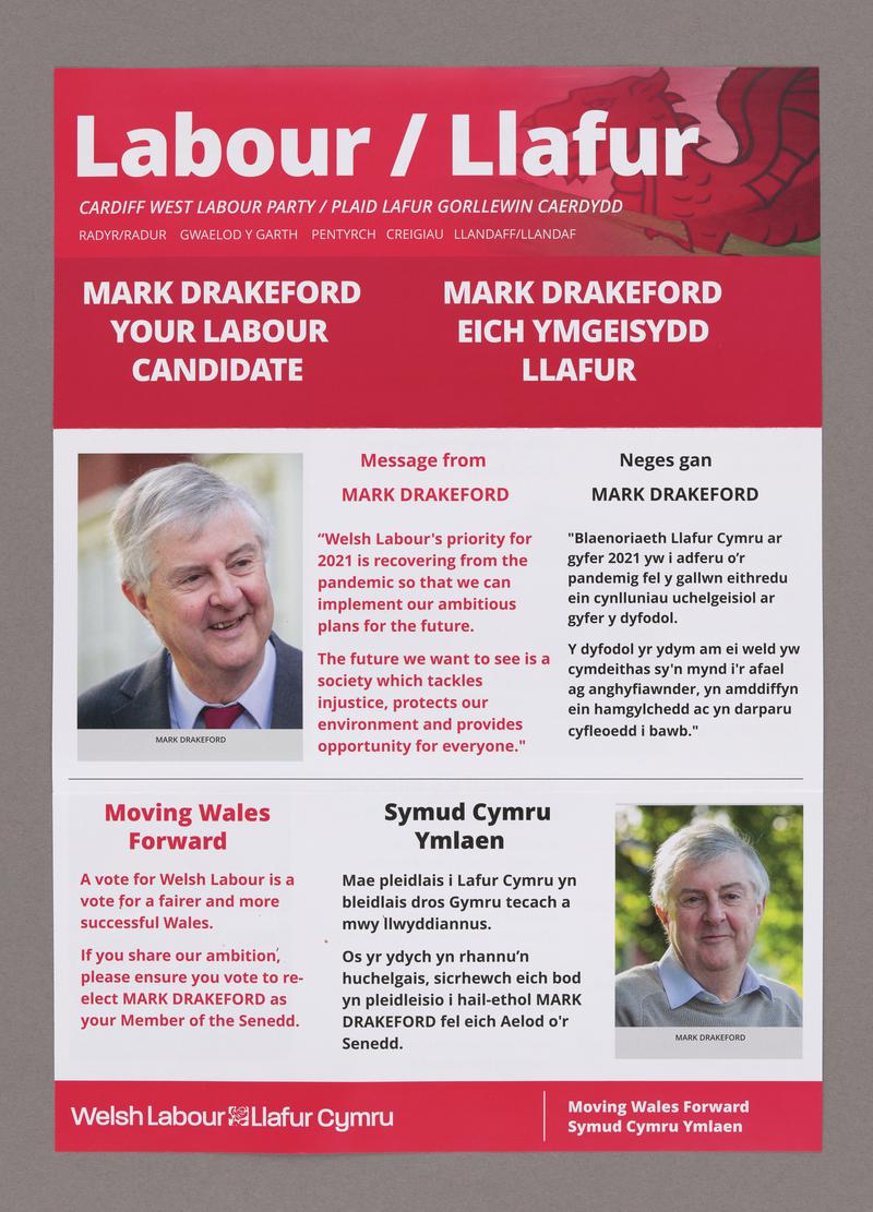 Labour Party election leaflet for Mark Drakeford, Labour candidate for Cardiff West in the elections held on 6 May 2021.