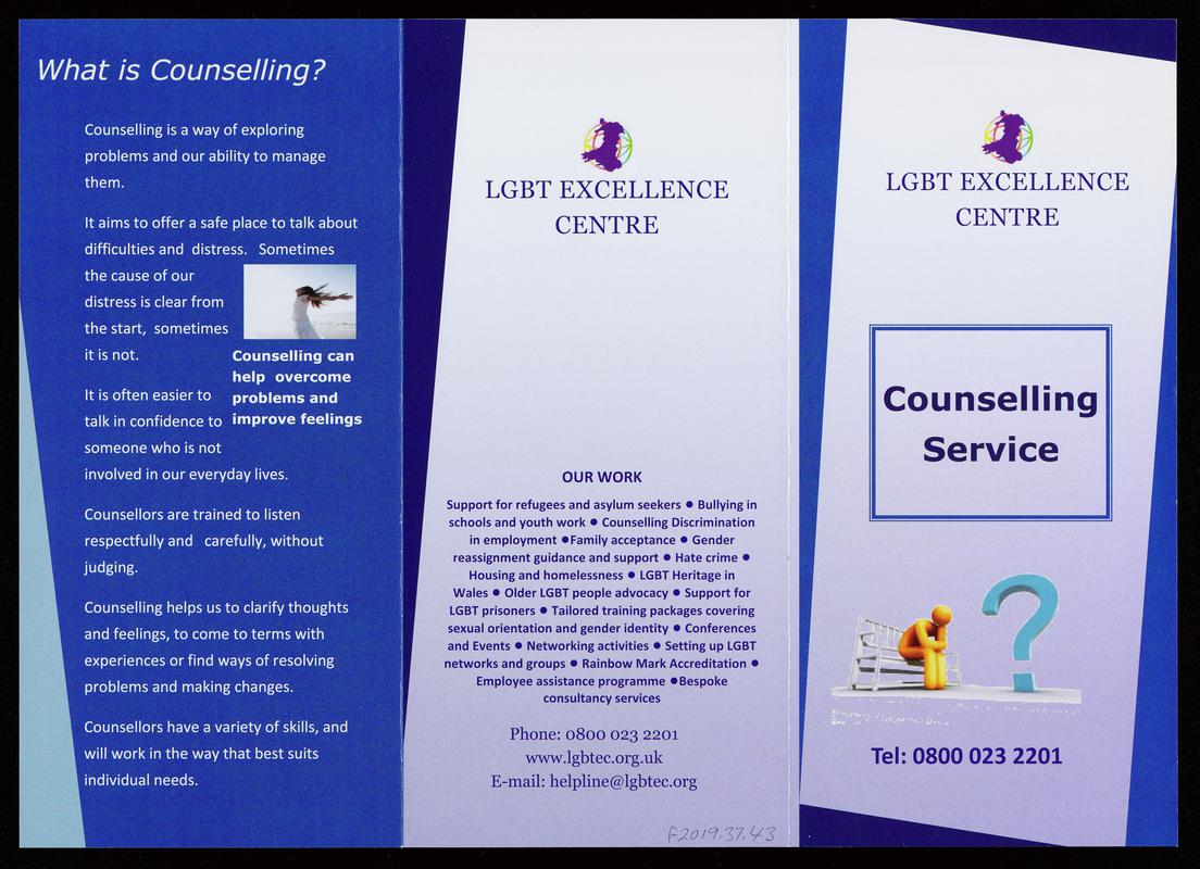 LGBT Excellence Centre leaflet &#039;Counselling Service&#039;.