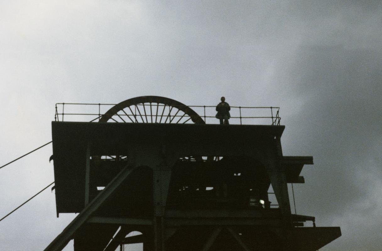 George Winorgorski at the top of the (disused) headgear at Cwm Colliery