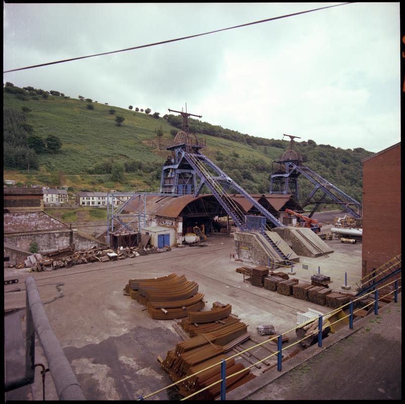 Colour film negative showing the upcast and downcast shafts, Six Bells Colliery.  &#039;Six Bells&#039; is transcribed from original negative bag.