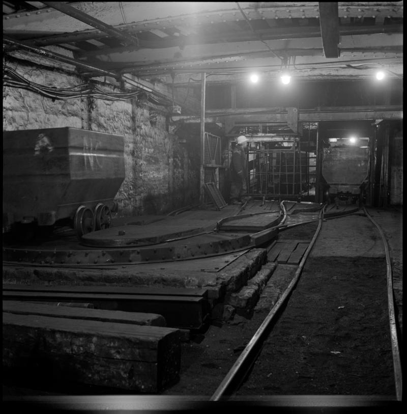 Black and white film negative showing pit bottom, Celynen North Colliery, 1978-9.  &#039;Celynen North 1978-9&#039; is transcribed from original negative bag.
