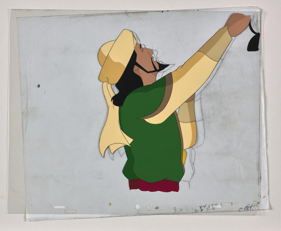 Turandot animation production artwork showing the character Calaf. Sketch on paper overlaid with cellulose acetate.