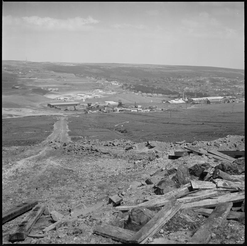 Black and white film negative showing a distant view of Big Pit Colliery, 1979.  &#039;Blaenavon 1979&#039; is transcribed from original negative bag.