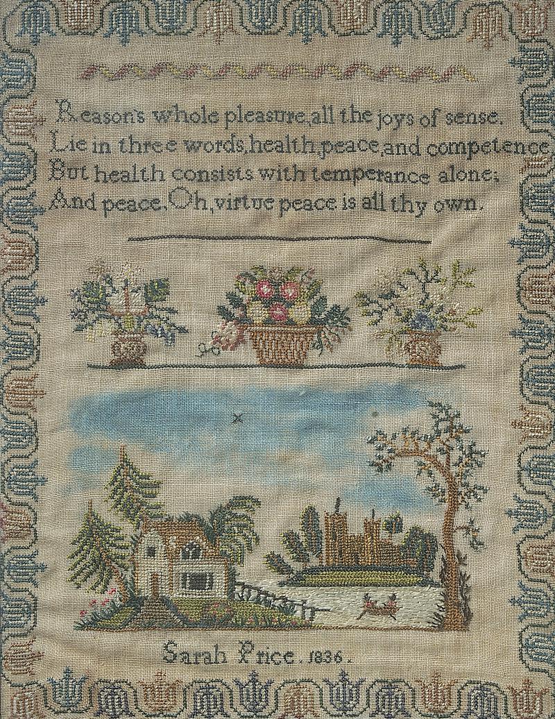 Sampler (verse, pictorial &amp; motifs), made in Oswestry, 1836