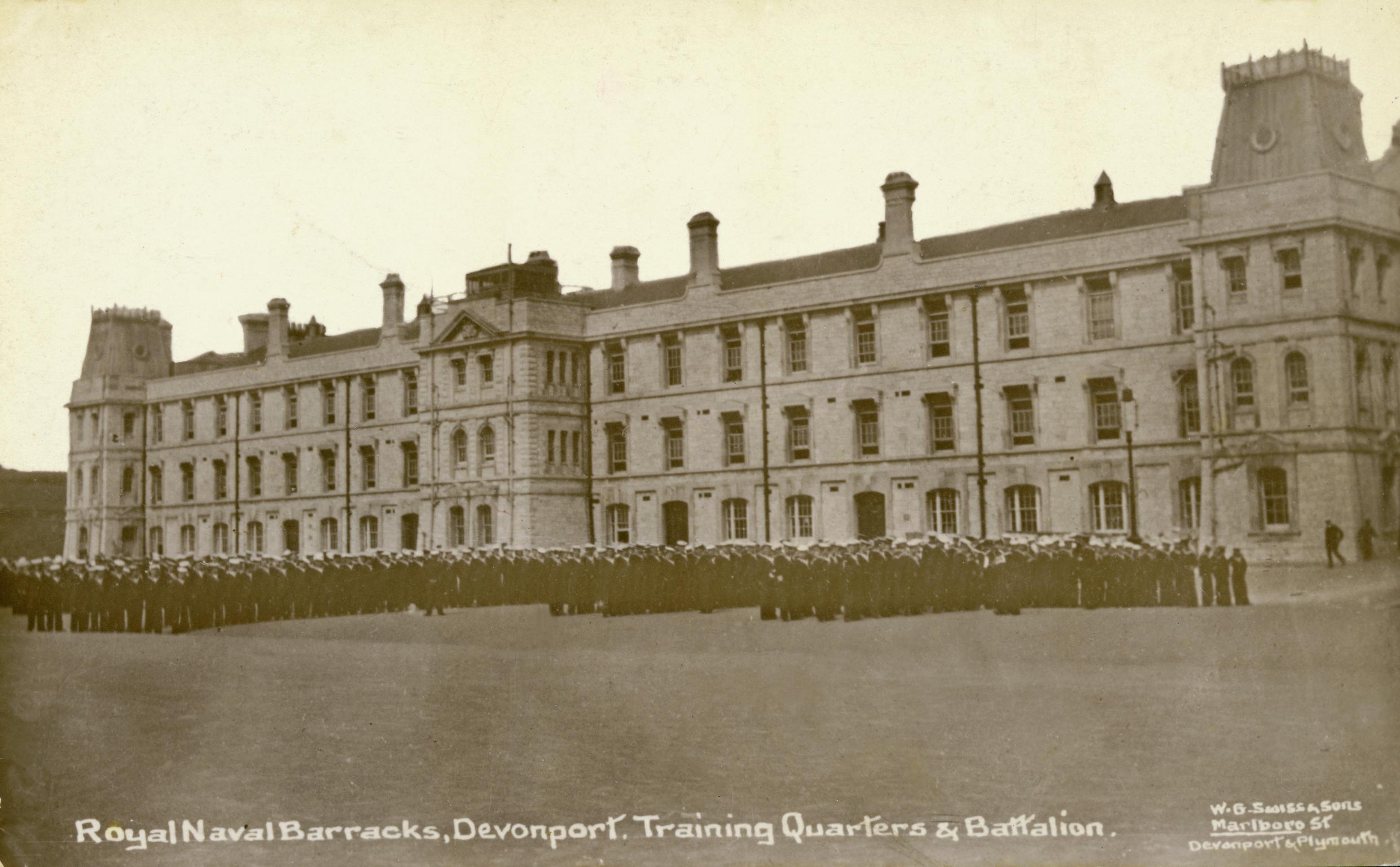 Royal Naval Barracks, Devonport. Training Quarters & Battalion (postcard)