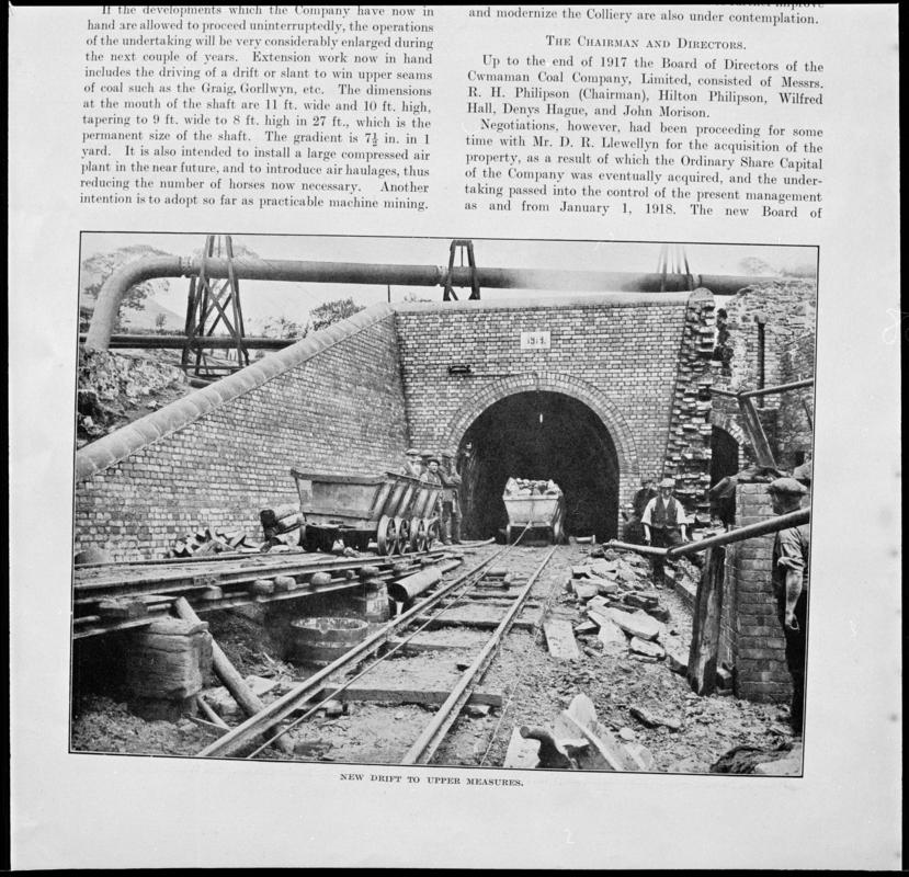 Black and white film negative showing the entrance to a drift mine at Fforchwen Colliery photographed from a publication.