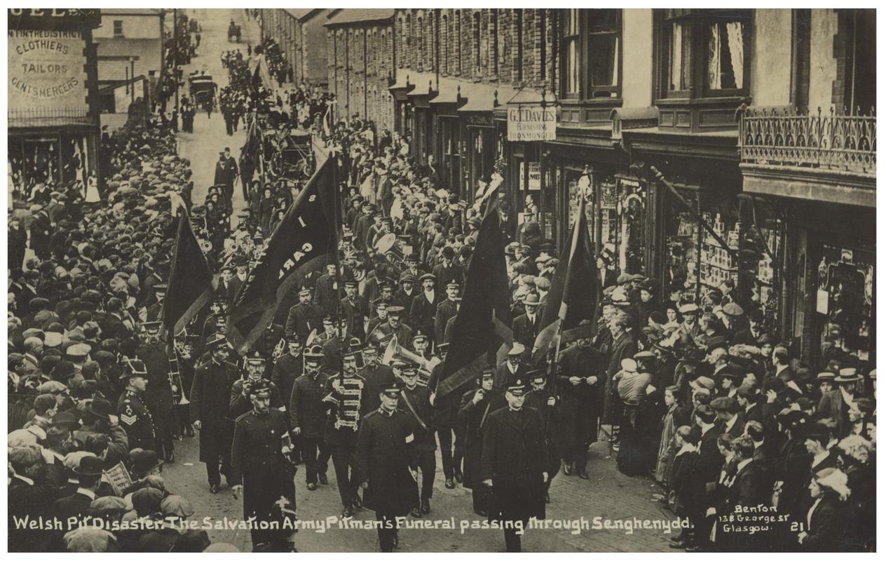 Universal Colliery, Senghenydd. Welsh Pit Disaster. The Salvation army Pitman&#039;s funeral passing through Senghenydd.
