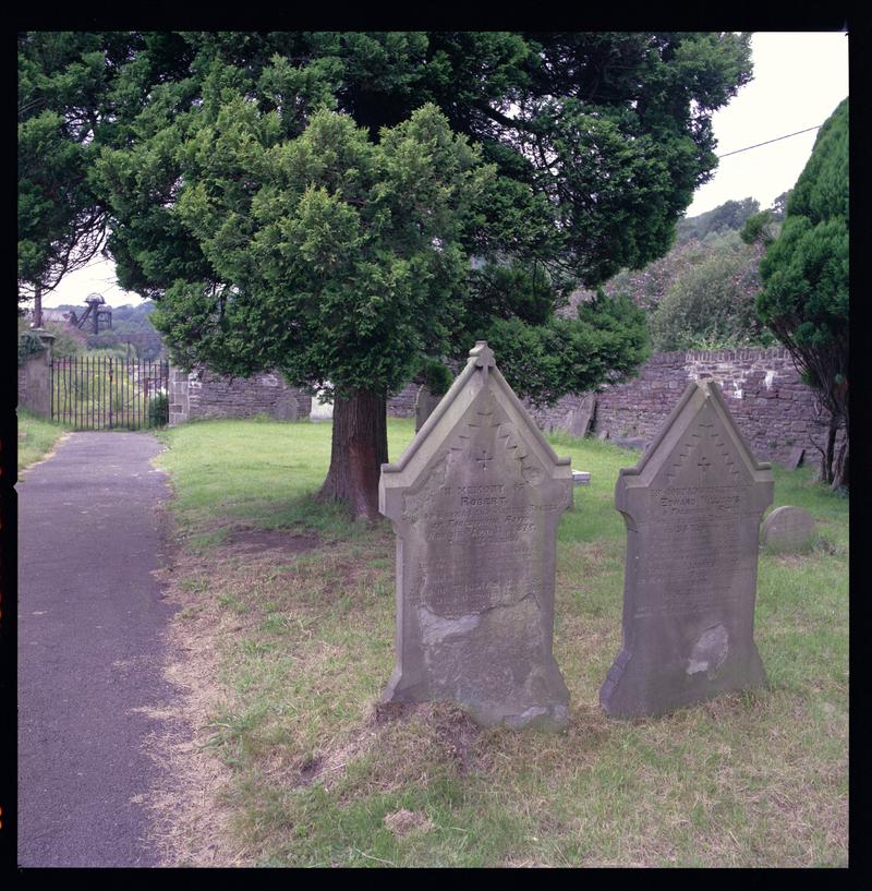 Gravestones of Robert Rogers and Edward Williams, victims of the Tynewydd Colliery Disaster of 1877, at St. Davids church, Hopkinstown.
