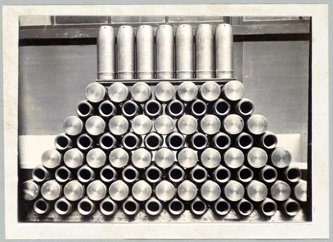 Display showing &quot;The first consignment of 18 PDR 3.3 High Explosive Shells from Ebbw Vale National Shell Factory.&quot;