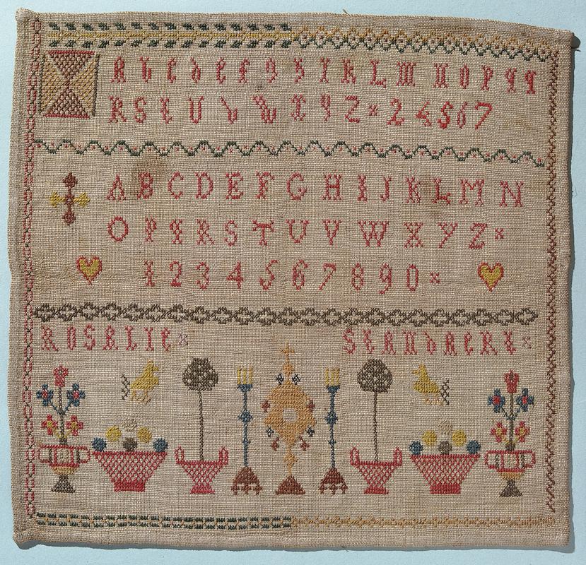 Sampler (motifs &amp; alphabet), made in Belgium, c. 1860
