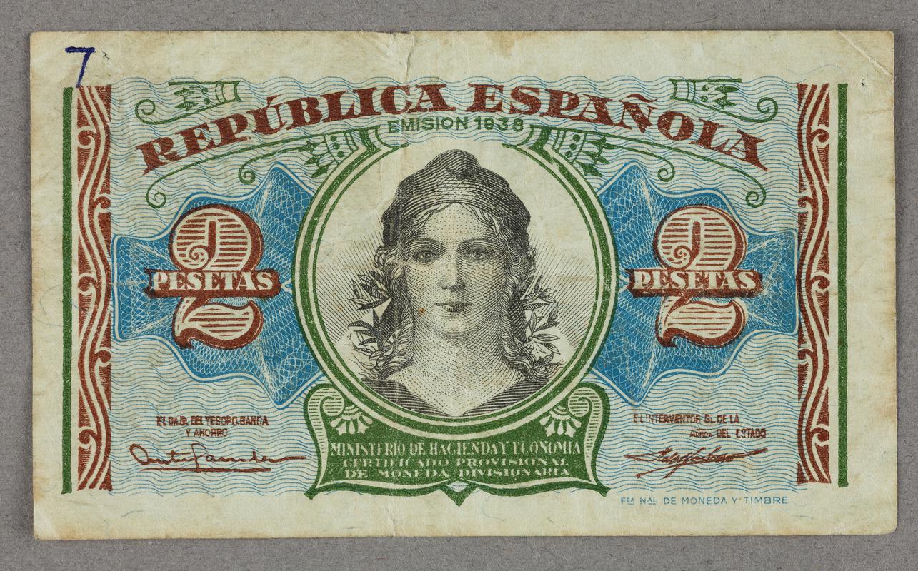 Spanish Republican two peseta bank note. Front