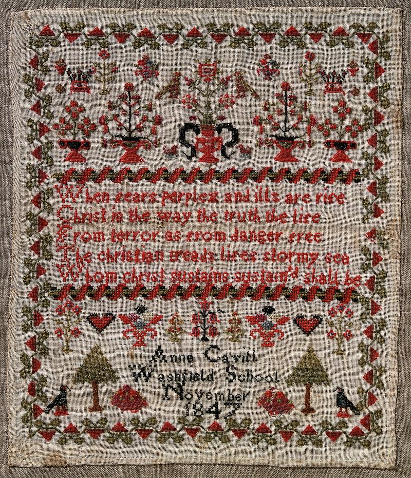 Sampler (school, verse &amp; motifs), made in Treforest, 1847