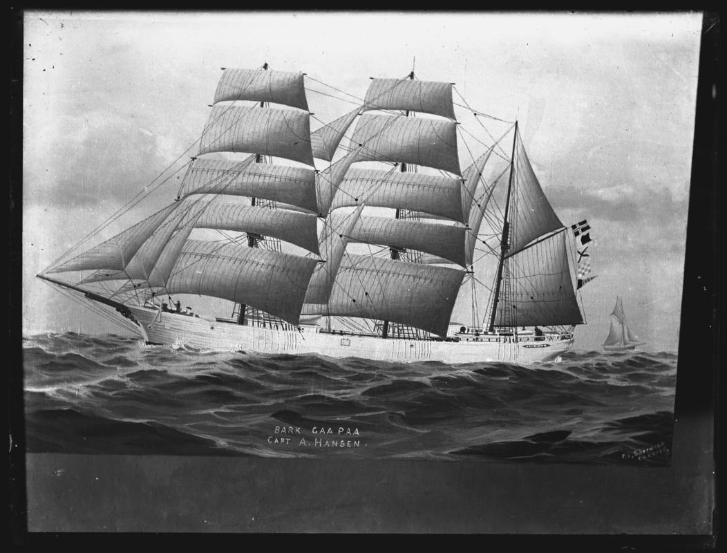 Photograph of a painting showing a port broadside view of the three-masted barque GAA PAA.  Title of painting - BARK GAA PAA. CAPT A.HANSEN.