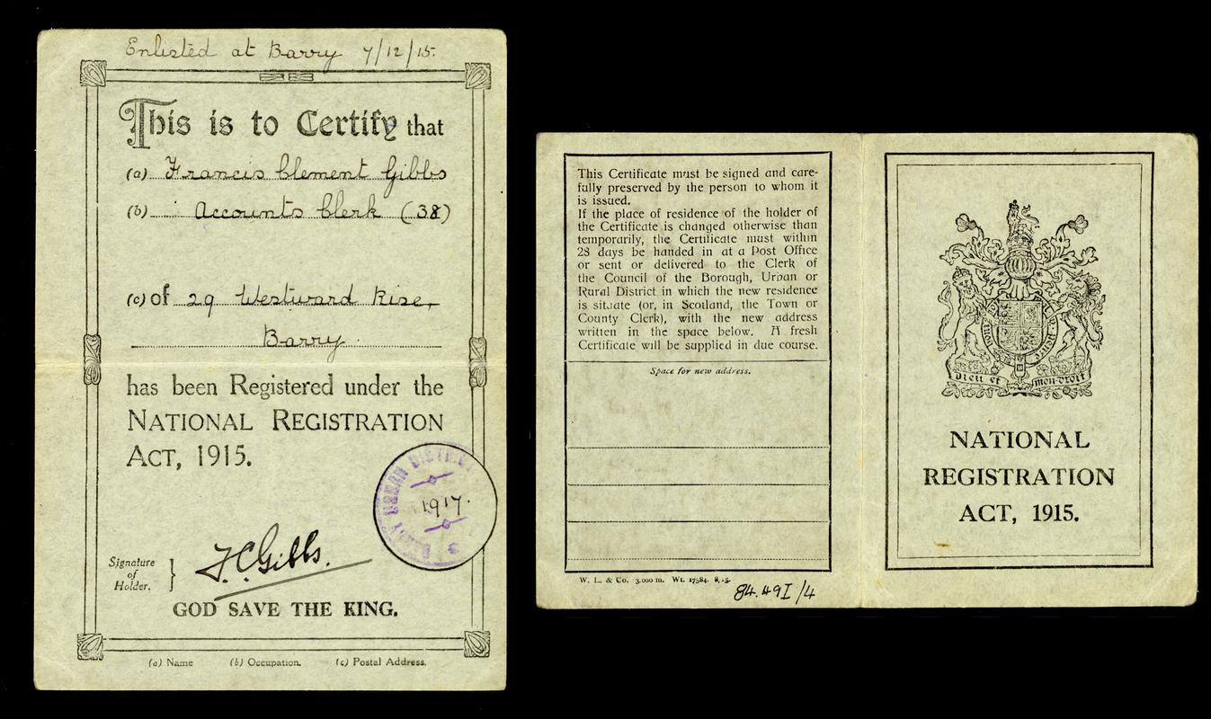 Card certifying that Annie Gibbs of Barry who did &#039;Household duties&#039; had been registered under the National Registration Act, 1915