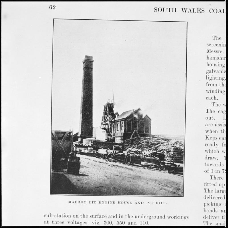 Black and white film negative showing Maerdy Colliery engine house, photographed from a publication.  &#039;Maerdy Pit&#039; is transcribed from original negative bag.