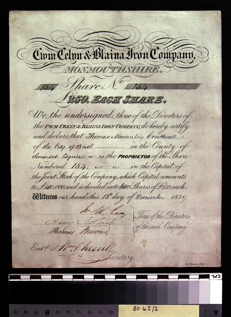 Cwm Celyn &amp; Blaina Iron Company, share certificate