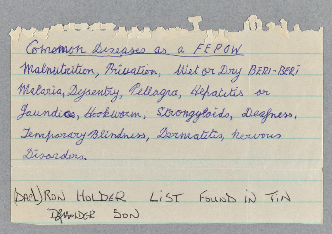 Hand-written note &#039;Common Diseases as a FEPOW&#039; - Ronald Holder collection