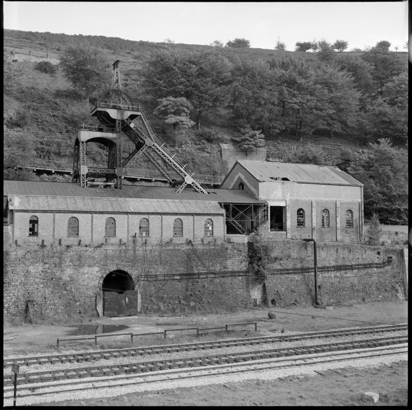Black and white film negative showing the No.2. shaft, Llanhilleth Colliery, October 1975.  &#039;Llanhilleth Oct 1975&#039; is transcribed from original negative bag.