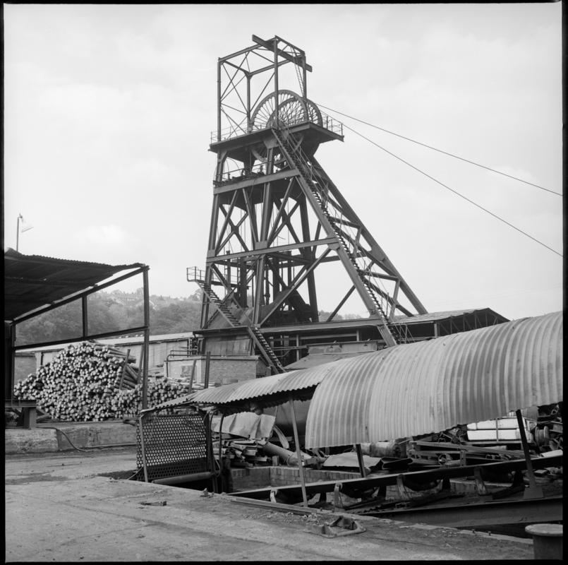 Black and white film negative showing the downcast headgear, Celynen North Colliery 11 October 1975.  &#039;Celynen North 11 Oct 1975&#039; is transcribed from original negative bag.