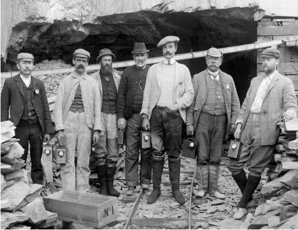 Officials and quarrymen at Dinorwic Quarry. Fifth from left is Walter Warwick Vivian, General Manager of Dinorwic Quarry between c.1880 and 1902.