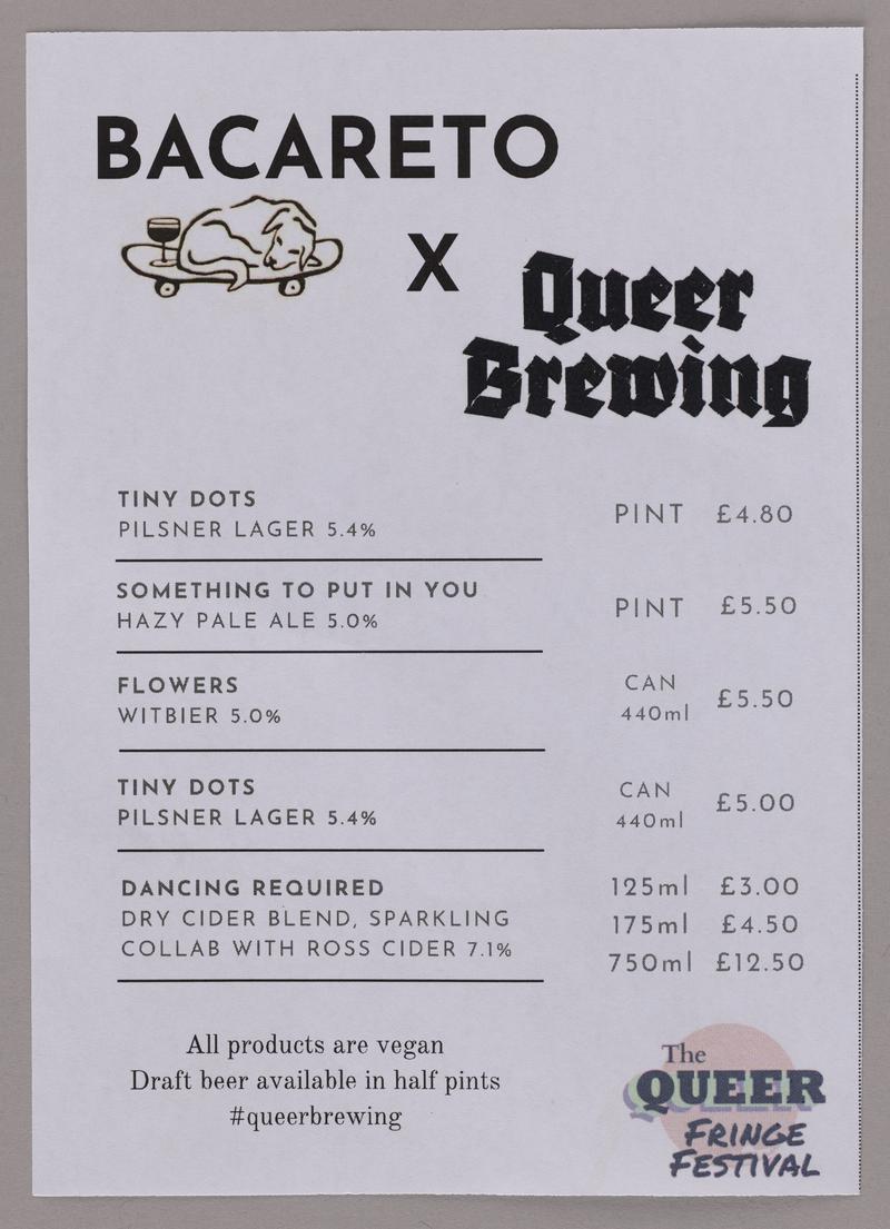 Price list for beers produced by &#039;Queer Brewing&#039; and sold at Bacareto, Church Street, Cardiff, as part of The Queer Fringe Festival