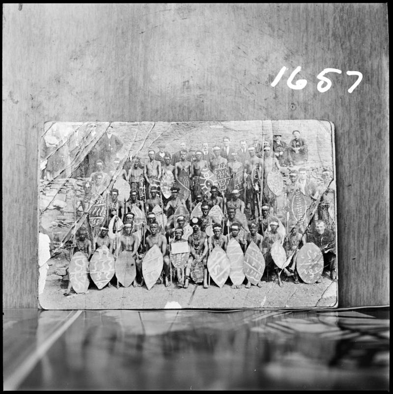 Black and white film negative showing a photograph of a group of miners dressed up as Zulu warriors for a local carnival, about 1920s