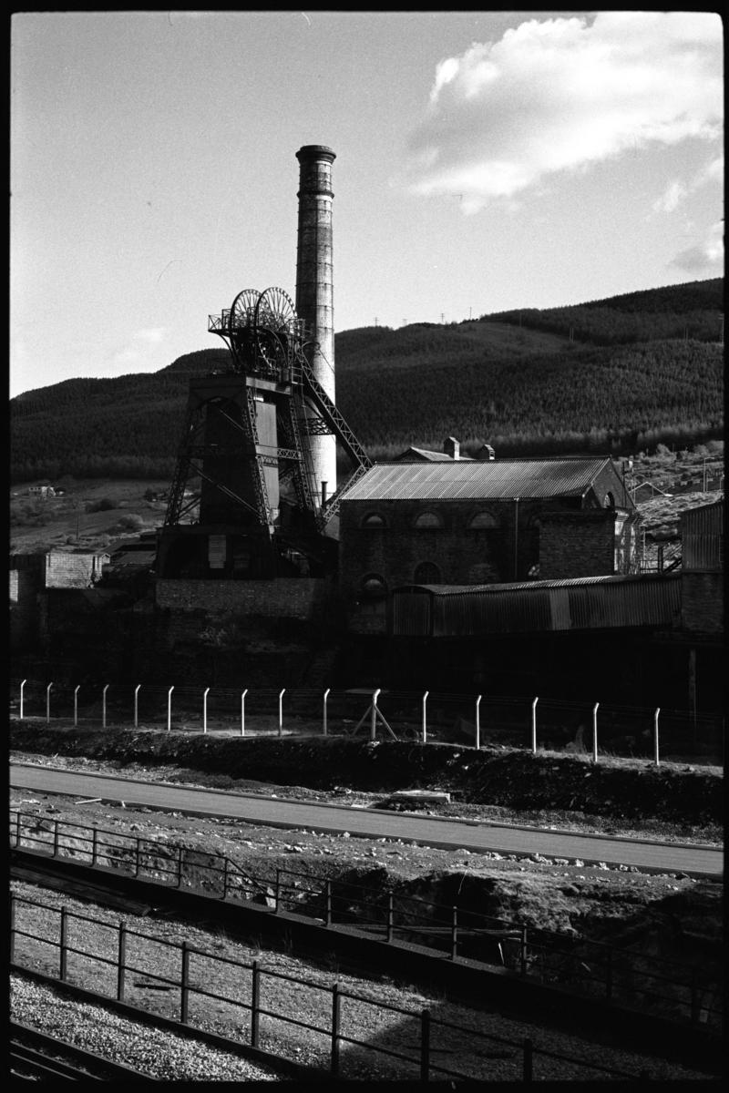 Upcast shaft headframe and chimney at Lewis Merthyr Colliery