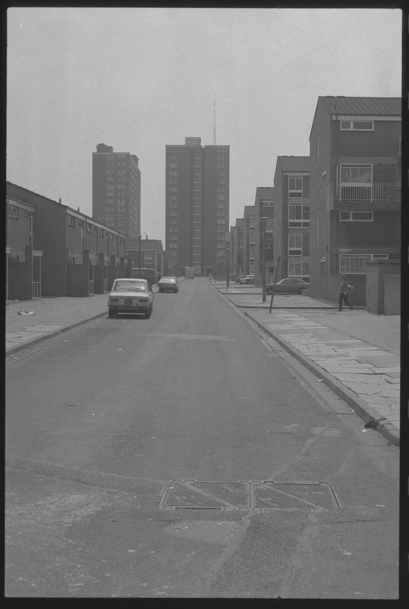 Residential Road near Loudoun Square, Butetown. Loudoun Square Flats in background.