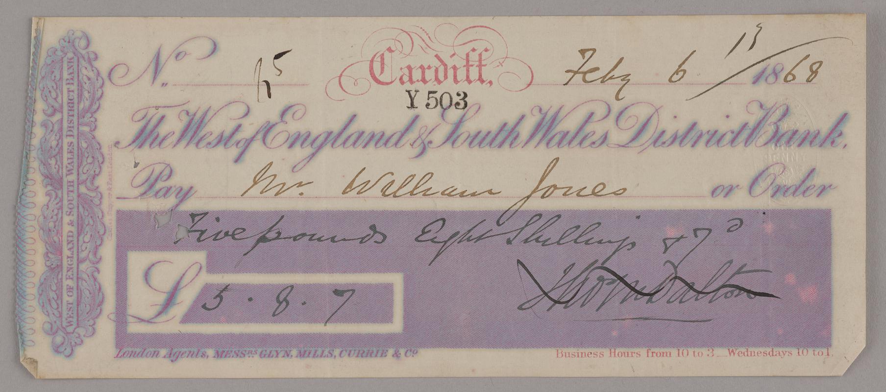 The West of England &amp; South Wales District Bank cheque for five pounds, eight shillings and seven pence, 1868