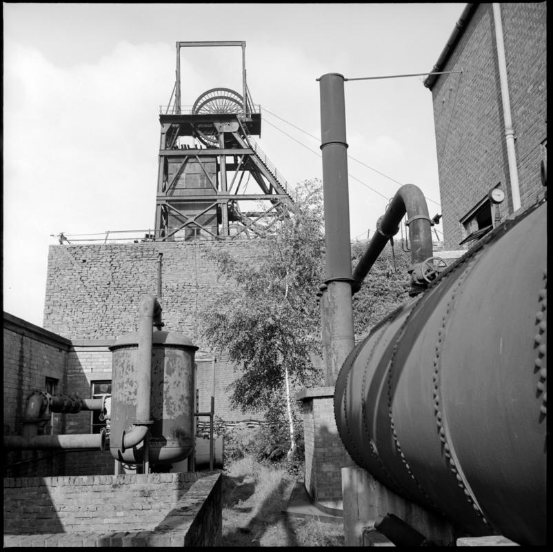Black and white film negative showing the upcast headgear, Celynen North Colliery, 11 October 1975.  &#039;Celynen North 11 Oct 1975&#039; is transcribed from original negative bag.