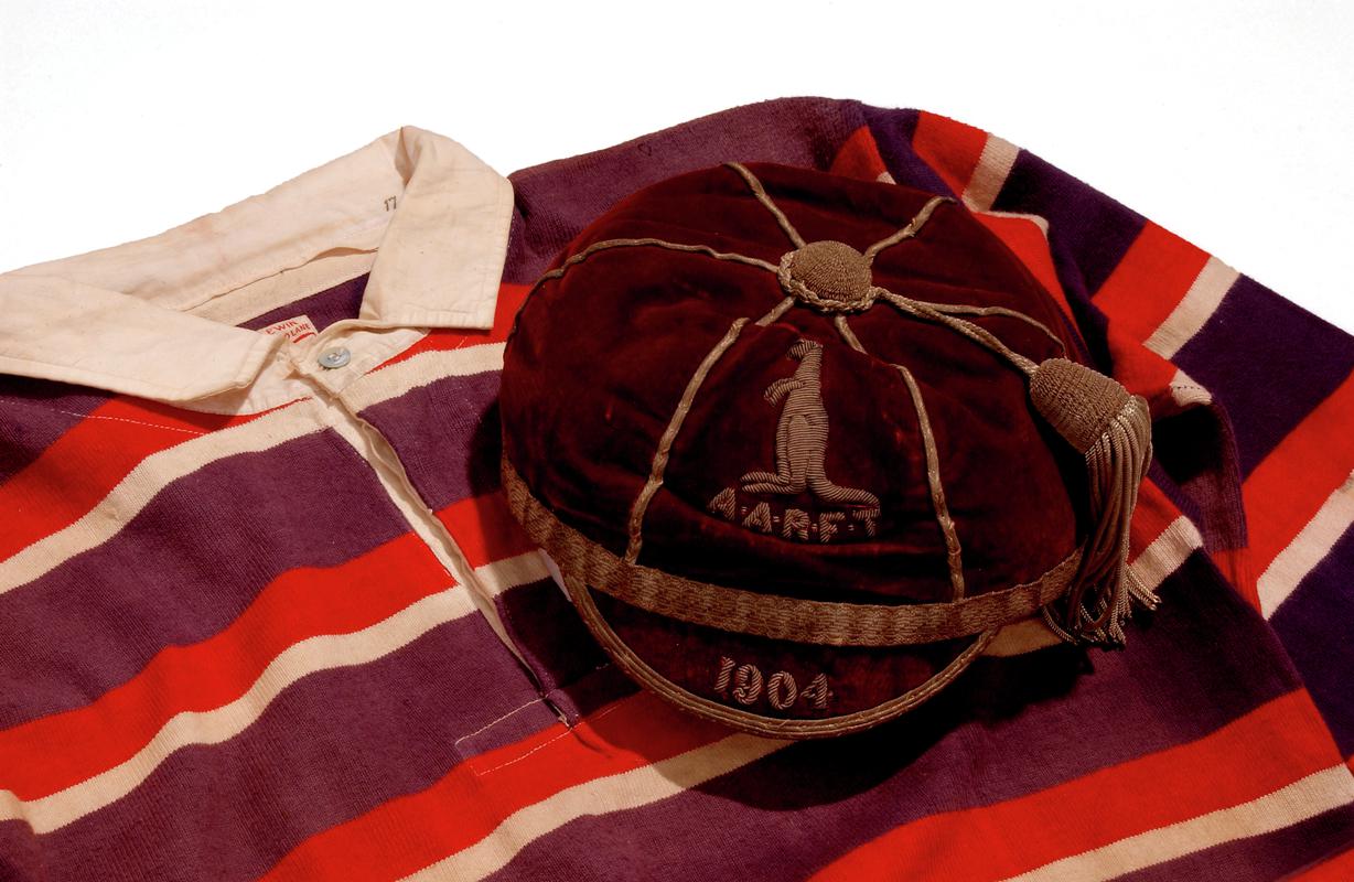 Rugby football jersey &amp; cap - British Touring team to Australia &amp; New Zealand, 1904.  Worn by the late T. H. Vile, Monmouthshire.