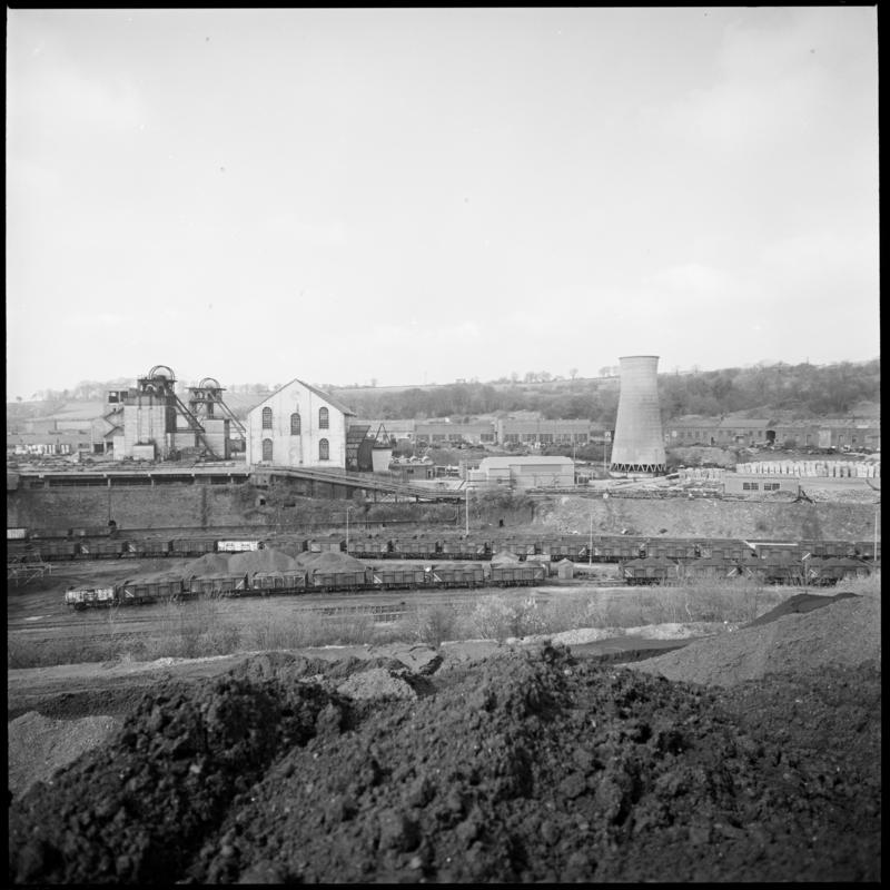 Black and white film negative showing a surface view of Cwm Colliery, 1978. &#039;Cwm&#039; is transcribed from original negative bag.
