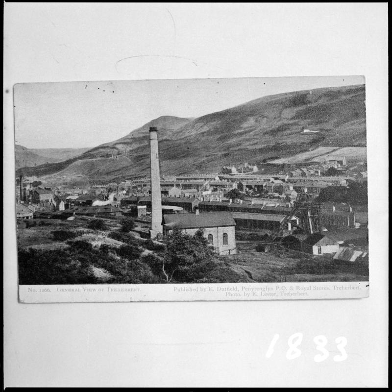 Black and white film negative of a photograph showing a view of Treherbert.  &#039;General view Treherbert&#039; is transcribed from original negative bag.