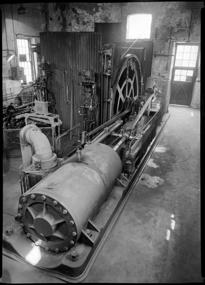 Black and white film negative showing a steam winder which was built by Leighs of Patricroft in the 1870s.  Image was taken 11 July 1976.  &#039;Fernhill 11 July 1976&#039; is transcribed from original negative bag.