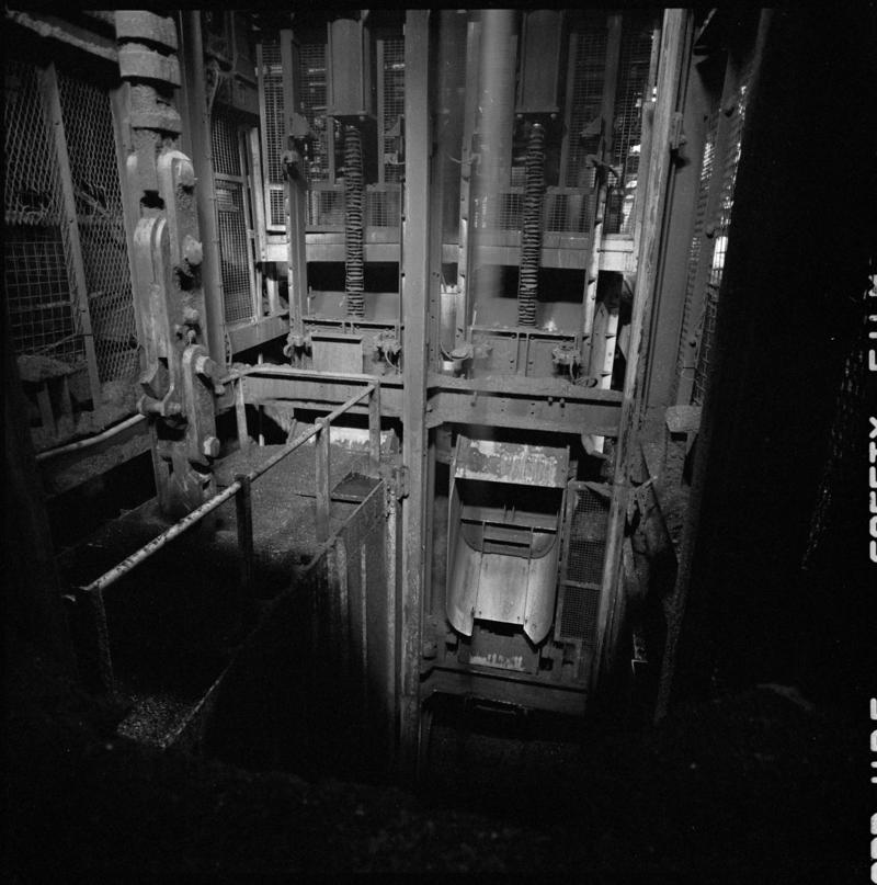 Black and white film negative showing a skip at pit bottom, Lady Windsor Colliery August 1980.  &#039;Lady Windsor Aug 1980&#039; is transcribed from original negative bag.