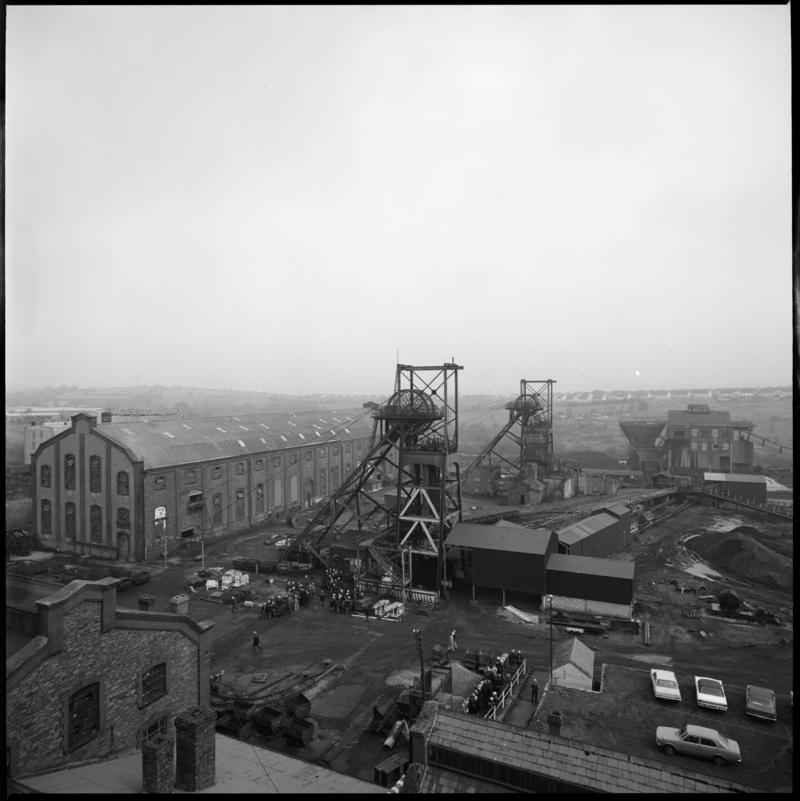 Black and white film negative showing a general view of Penallta Colliery from the baths.