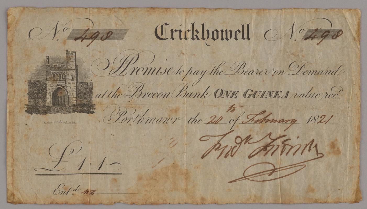 Brecon Bank, Crickhowell, one guinea bank note, 1821
