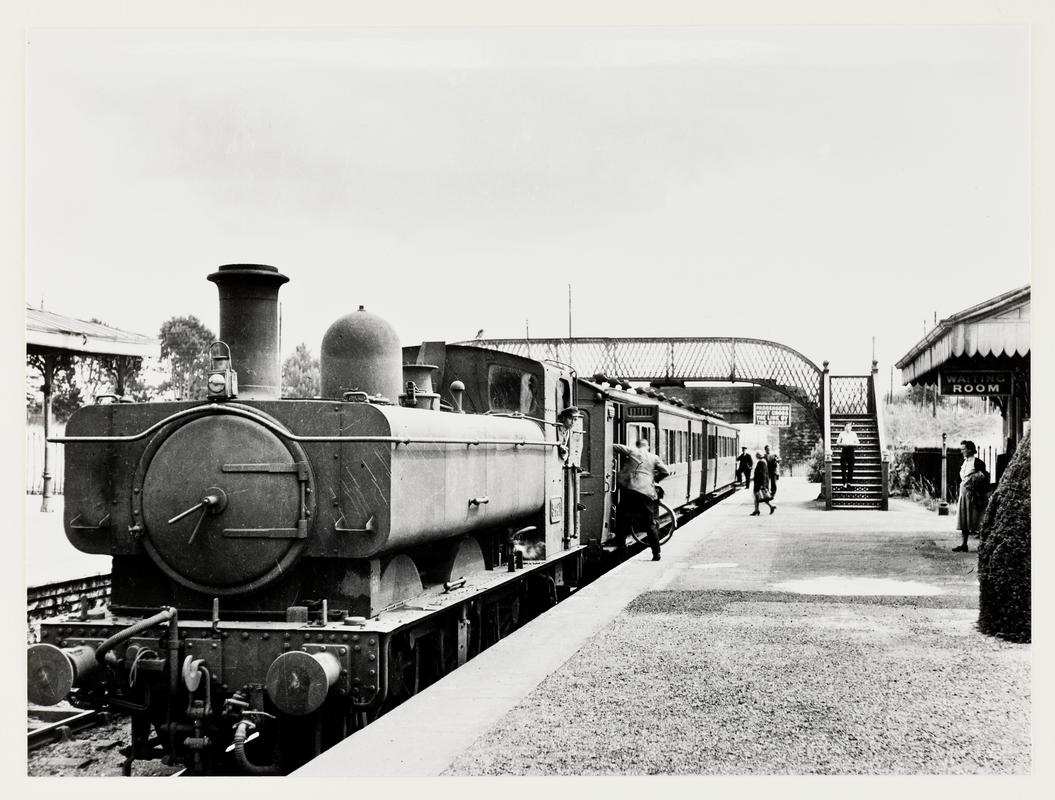 Locomotive No. 5421 hauling an auto train comprised of two ex-Barry Railway Co. rail motors, at Creigiau Station