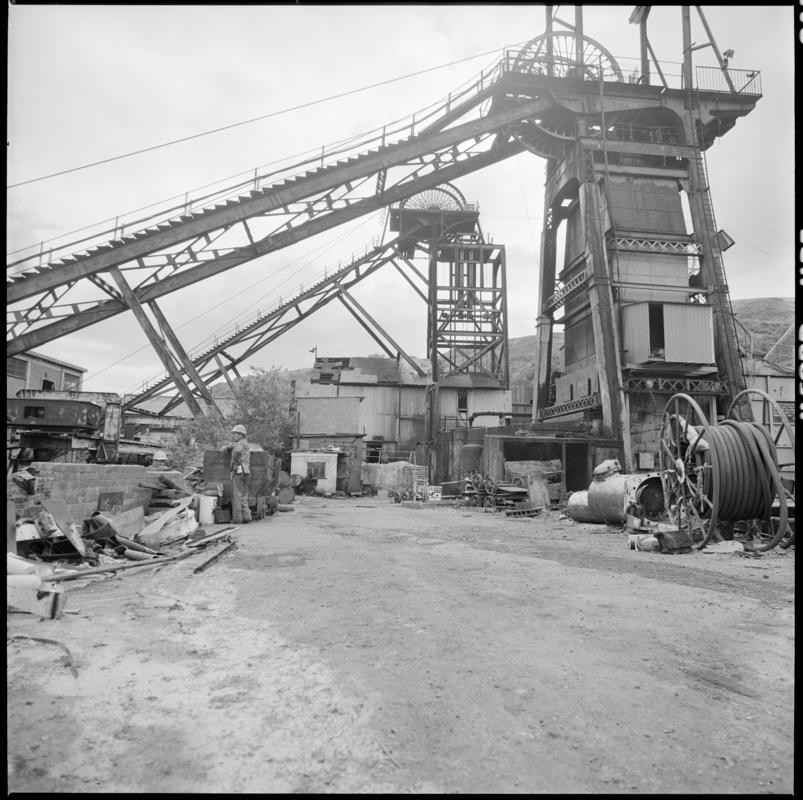 Black and white film negative showing the upcast and downcast shafts, Penrhiwceibr Colliery.  &#039;Penrikyber&#039; is transcribed from original negative bag.